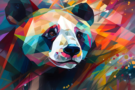 A beautiful panda, modern artwork, abstract colorful painting with geometric shapes. Hand drawn digital painting. Created with generative AIの素材