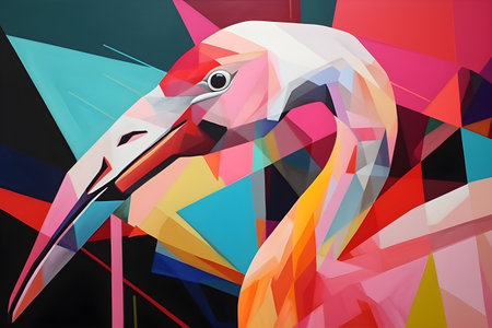 A beautiful flamingo, modern artwork, abstract colorful painting with geometric shapes. Hand drawn digital painting. Created with generative AIの素材