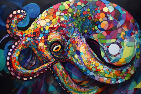 A beautiful octopus, modern artwork, abstract colorful painting with geometric shapes. Hand drawn digital painting. Created with generative AIの素材