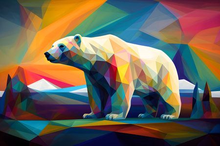 A beautiful polar bear, modern artwork, abstract colorful painting with geometric shapes. Hand drawn digital painting. Created with generative AIの素材