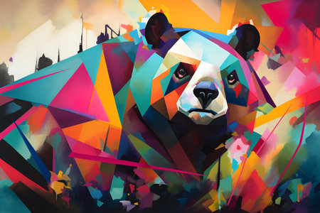 A beautiful panda, modern artwork, abstract colorful painting with geometric shapes. Hand drawn digital painting. Created with generative AIの素材