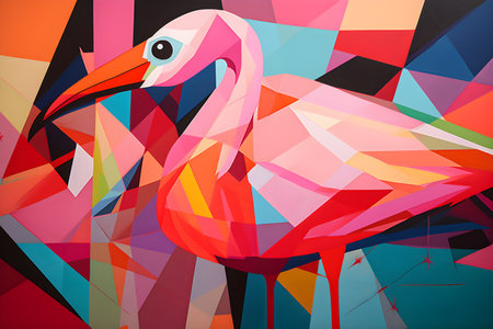 A beautiful flamingo, modern artwork, abstract colorful painting with geometric shapes. Hand drawn digital painting. Created with generative AIの素材