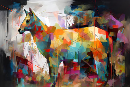 A beautiful llama, modern artwork, abstract colorful painting with geometric shapes. Hand drawn digital painting. Created with generative AIの素材