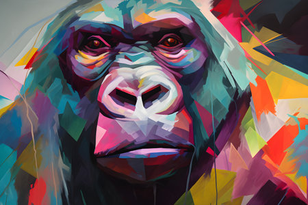 A beautiful gorilla, modern artwork, abstract colorful painting with geometric shapes. Hand drawn digital painting. Created with generative AIの素材