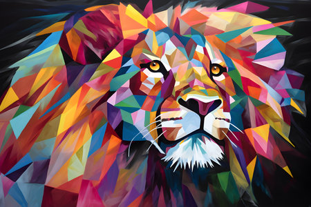 A beautiful lion, modern artwork, abstract colorful painting with geometric shapes. Hand drawn digital painting. Created with generative AIの素材