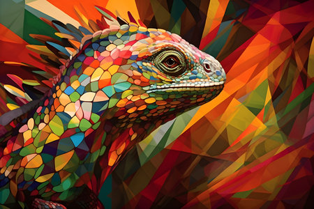 A beautiful iguana, modern artwork, abstract colorful painting with geometric shapes. Hand drawn digital painting. Created with generative AIの素材