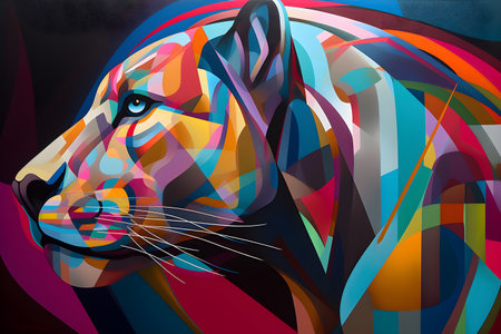 A beautiful panther, modern artwork, abstract colorful painting with geometric shapes. Hand drawn digital painting. Created with generative AIの素材