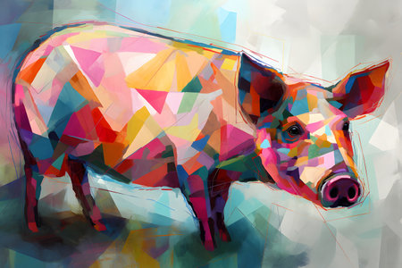 A beautiful pig, modern artwork, abstract colorful painting with geometric shapes. Hand drawn digital painting. Created with generative AIの素材
