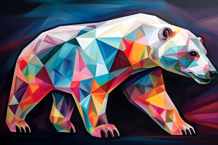 A beautiful polar bear, modern artwork, abstract colorful painting with geometric shapes. Hand drawn digital painting. Created with generative AIの素材
