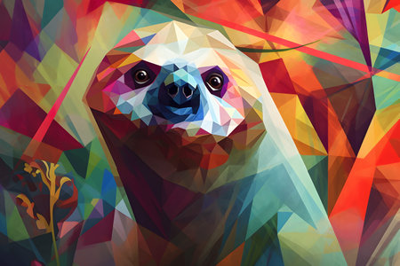 A beautiful sloth, modern artwork, abstract colorful painting with geometric shapes. Hand drawn digital painting. Created with generative AIの素材