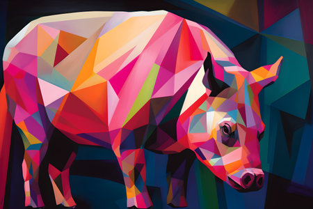 A beautiful pig, modern artwork, abstract colorful painting with geometric shapes. Hand drawn digital painting. Created with generative AIの素材