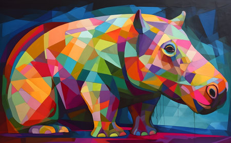 A beautiful hippopotamus, modern artwork, abstract colorful painting with geometric shapes. Hand drawn digital painting. Created with generative AIの素材