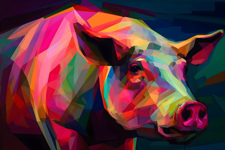 A beautiful pig, modern artwork, abstract colorful painting with geometric shapes. Hand drawn digital painting. Created with generative AIの素材