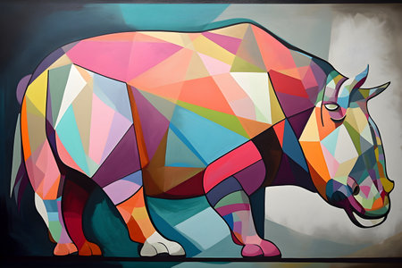 A beautiful hippopotamus, modern artwork, abstract colorful painting with geometric shapes. Hand drawn digital painting. Created with generative AIの素材