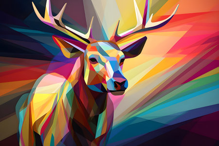A beautiful reindeer, modern artwork, abstract colorful painting with geometric shapes. Hand drawn digital painting. Created with generative AIの素材