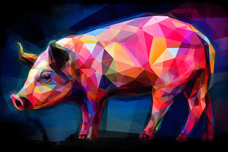 A beautiful pig, modern artwork, abstract colorful painting with geometric shapes. Hand drawn digital painting. Created with generative AIの素材