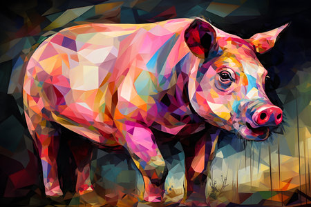 A beautiful pig, modern artwork, abstract colorful painting with geometric shapes. Hand drawn digital painting. Created with generative AIの素材