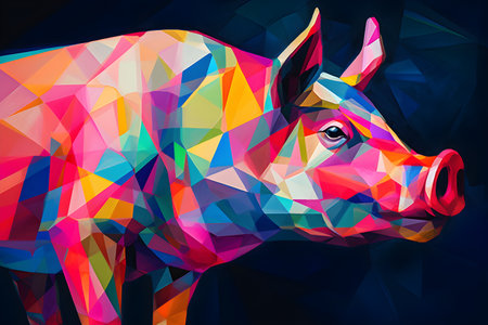 A beautiful pig, modern artwork, abstract colorful painting with geometric shapes. Hand drawn digital painting. Created with generative AIの素材