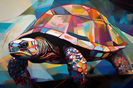 A beautiful turtle, modern artwork, abstract colorful painting with geometric shapes. Hand drawn digital painting. Created with generative AIの素材