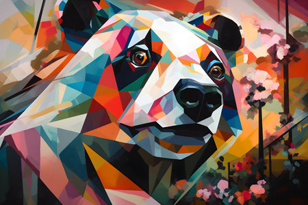 A beautiful panda, modern artwork, abstract colorful painting with geometric shapes. Hand drawn digital painting. Created with generative AIの素材