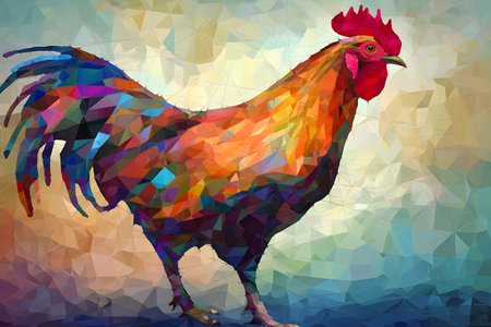 A beautiful rooster, modern artwork, abstract colorful painting with geometric shapes. Hand drawn digital painting. Created with generative AIの素材