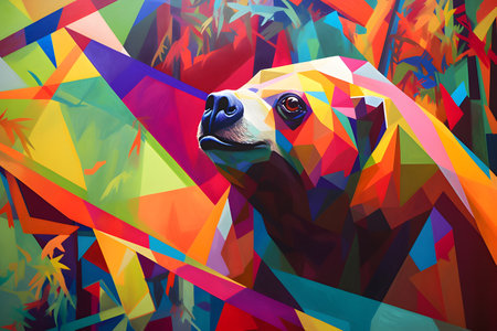 A beautiful sloth, modern artwork, abstract colorful painting with geometric shapes. Hand drawn digital painting. Created with generative AIの素材