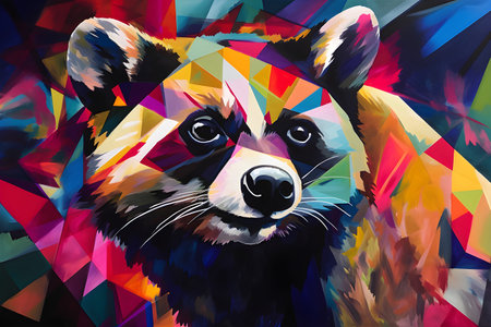 A beautiful raccoon, modern artwork, abstract colorful painting with geometric shapes. Hand drawn digital painting. Created with generative AIの素材