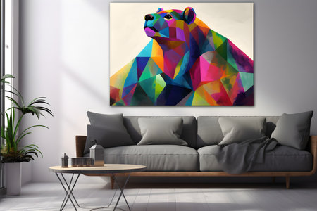A modern interior - beautiful living room with a sofa and a a modern colorful artwork hanging on the big white wall. Created with generative AIの素材