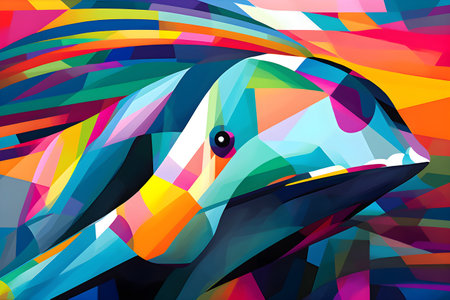 A beautiful whale, modern artwork, abstract colorful painting with geometric shapes. Hand drawn digital painting. Created with generative AIの素材