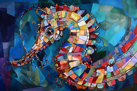 A beautiful seahorse, modern artwork, abstract colorful painting with geometric shapes. Hand drawn digital painting. Created with generative AIの素材
