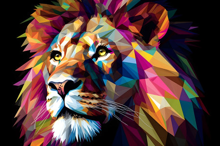 A beautiful lion, modern artwork, abstract colorful painting with geometric shapes. Hand drawn digital painting. Created with generative AIの素材
