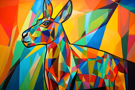 A beautiful kangaroo, modern artwork, abstract colorful painting with geometric shapes. Hand drawn digital painting. Created with generative AIの素材
