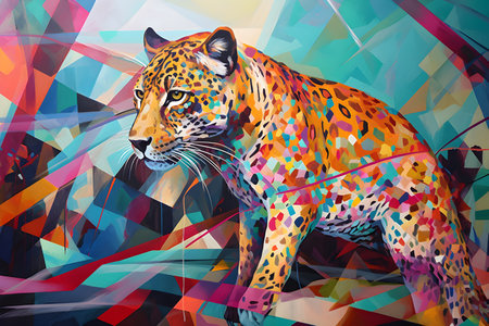 A beautiful leopard, modern artwork, abstract colorful painting with geometric shapes. Hand drawn digital painting. Created with generative AIの素材
