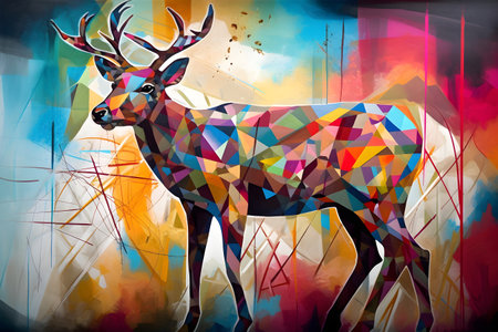 A beautiful reindeer, modern artwork, abstract colorful painting with geometric shapes. Hand drawn digital painting. Created with generative AIの素材