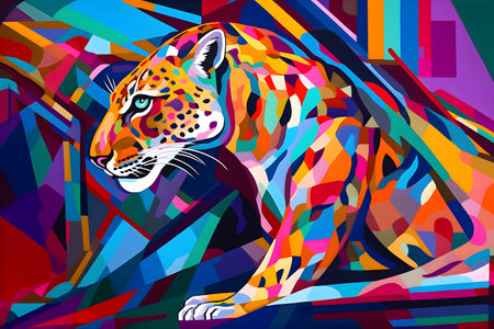 A beautiful leopard, modern artwork, abstract colorful painting with geometric shapes. Hand drawn digital painting. Created with generative AIの素材