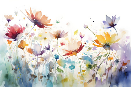 Watercolor painting - delicate and colorful summer flowers, isolated on a perfect white background. Hand drawn illustration. Created with generative AIの素材