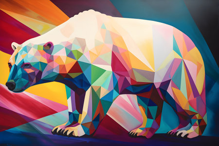 A beautiful polar bear, modern artwork, abstract colorful painting with geometric shapes. Hand drawn digital painting. Created with generative AIの素材