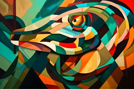 A beautiful snake, modern artwork, abstract colorful painting with geometric shapes. Hand drawn digital painting. Created with generative AIの素材