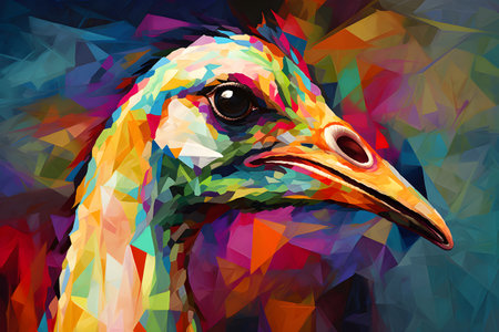 A beautiful ostrich, modern artwork, abstract colorful painting with geometric shapes. Hand drawn digital painting. Created with generative AIの素材