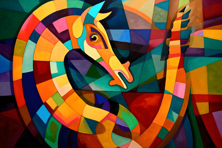 A beautiful seahorse, modern artwork, abstract colorful painting with geometric shapes. Hand drawn digital painting. Created with generative AIの素材