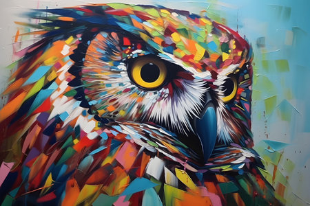 A beautiful owl, modern artwork, abstract colorful painting with geometric shapes. Hand drawn digital painting. Created with generative AIの素材
