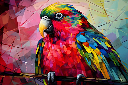 A beautiful parrot, modern artwork, abstract colorful painting with geometric shapes. Hand drawn digital painting. Created with generative AIの素材