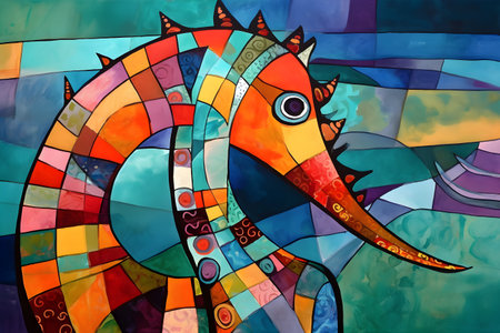 A beautiful seahorse, modern artwork, abstract colorful painting with geometric shapes. Hand drawn digital painting. Created with generative AIの素材