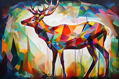 A beautiful reindeer, modern artwork, abstract colorful painting with geometric shapes. Hand drawn digital painting. Created with generative AIの素材