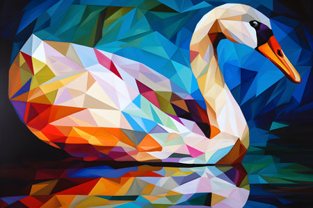 A beautiful swan, modern artwork, abstract colorful painting with geometric shapes. Hand drawn digital painting. Created with generative AIの素材