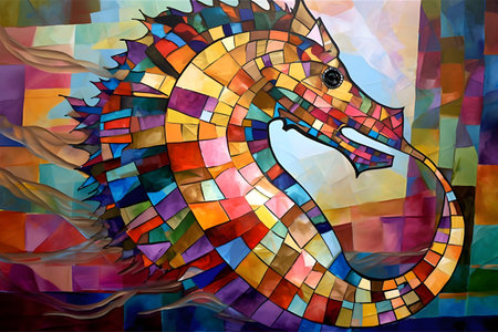 A beautiful seahorse, modern artwork, abstract colorful painting with geometric shapes. Hand drawn digital painting. Created with generative AIの素材