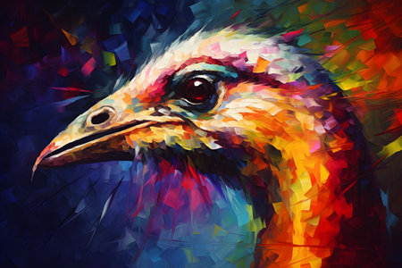 A beautiful ostrich, modern artwork, abstract colorful painting with geometric shapes. Hand drawn digital painting. Created with generative AIの素材