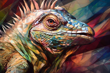 A beautiful iguana, modern artwork, abstract colorful painting with geometric shapes. Hand drawn digital painting. Created with generative AIの素材