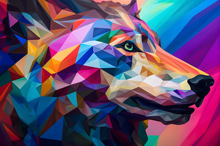 A beautiful wolf, modern artwork, abstract colorful painting with geometric shapes. Hand drawn digital painting. Created with generative AIの素材