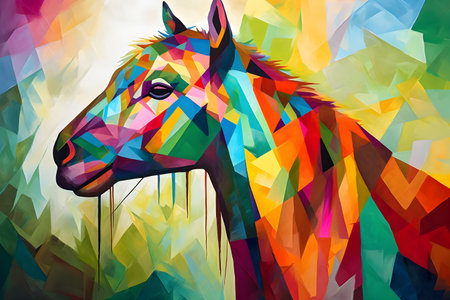A beautiful llama, modern artwork, abstract colorful painting with geometric shapes. Hand drawn digital painting. Created with generative AIの素材